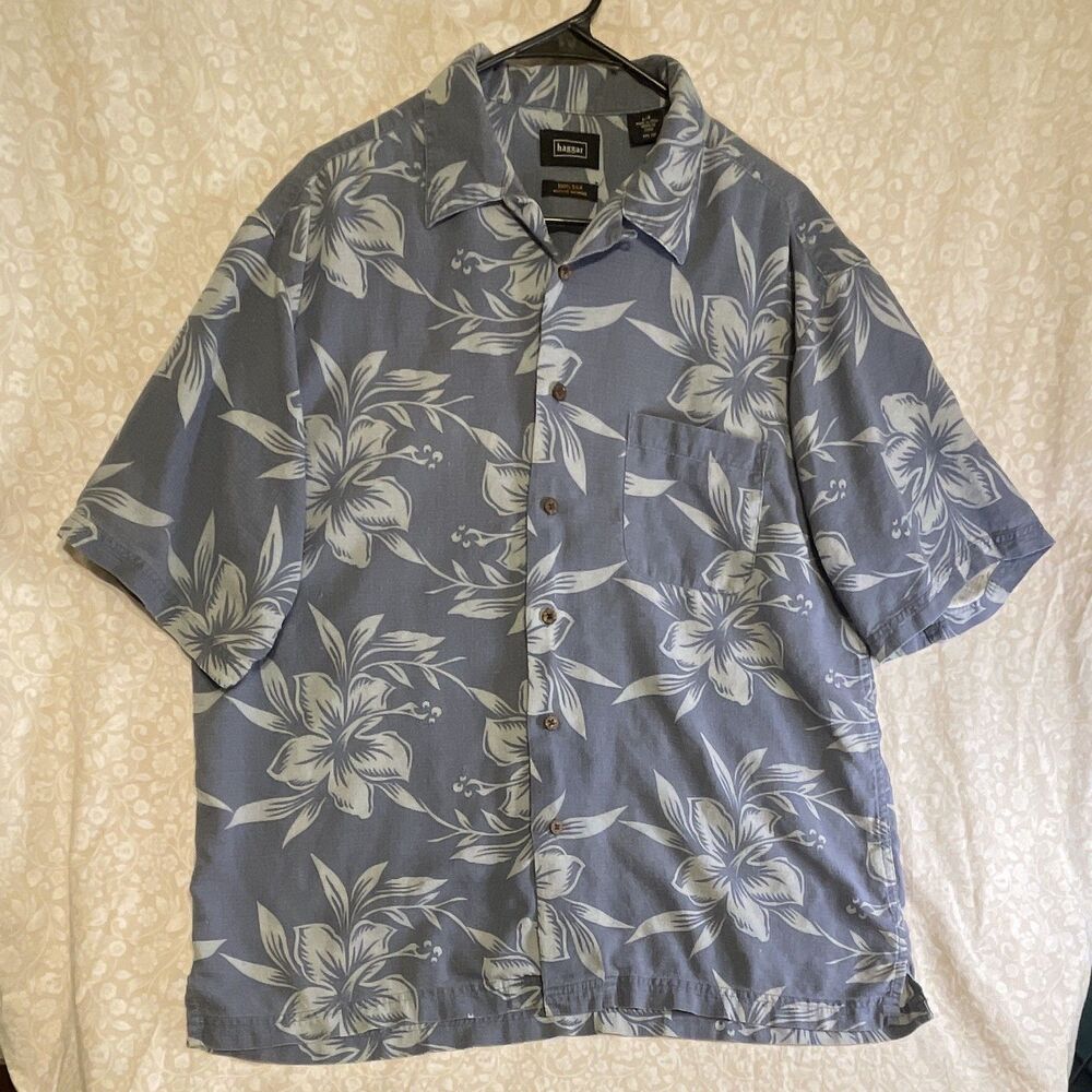 Haggar 100% Silk Men's L Blue/White Floral Hawaiian Short Sleeve Button-Up Shirt